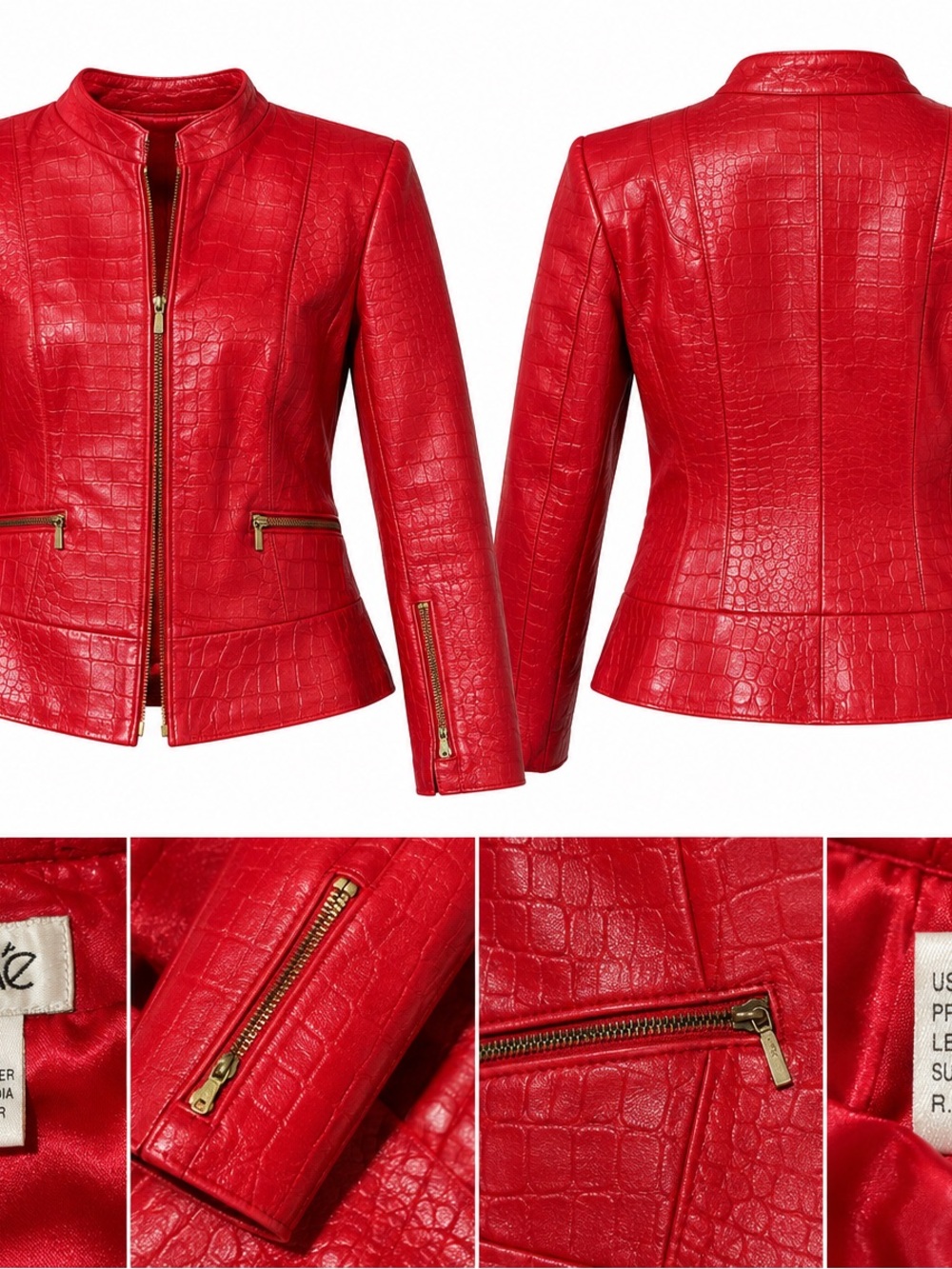Cache Red Genuine Leather Croc Embossed Moto Jacket Size 4
